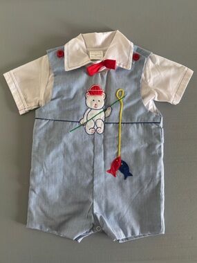 Vintage Cradle Togs Baby Boy Romper Set Blue Pinstripe Bear Fishing SZ 18-24M